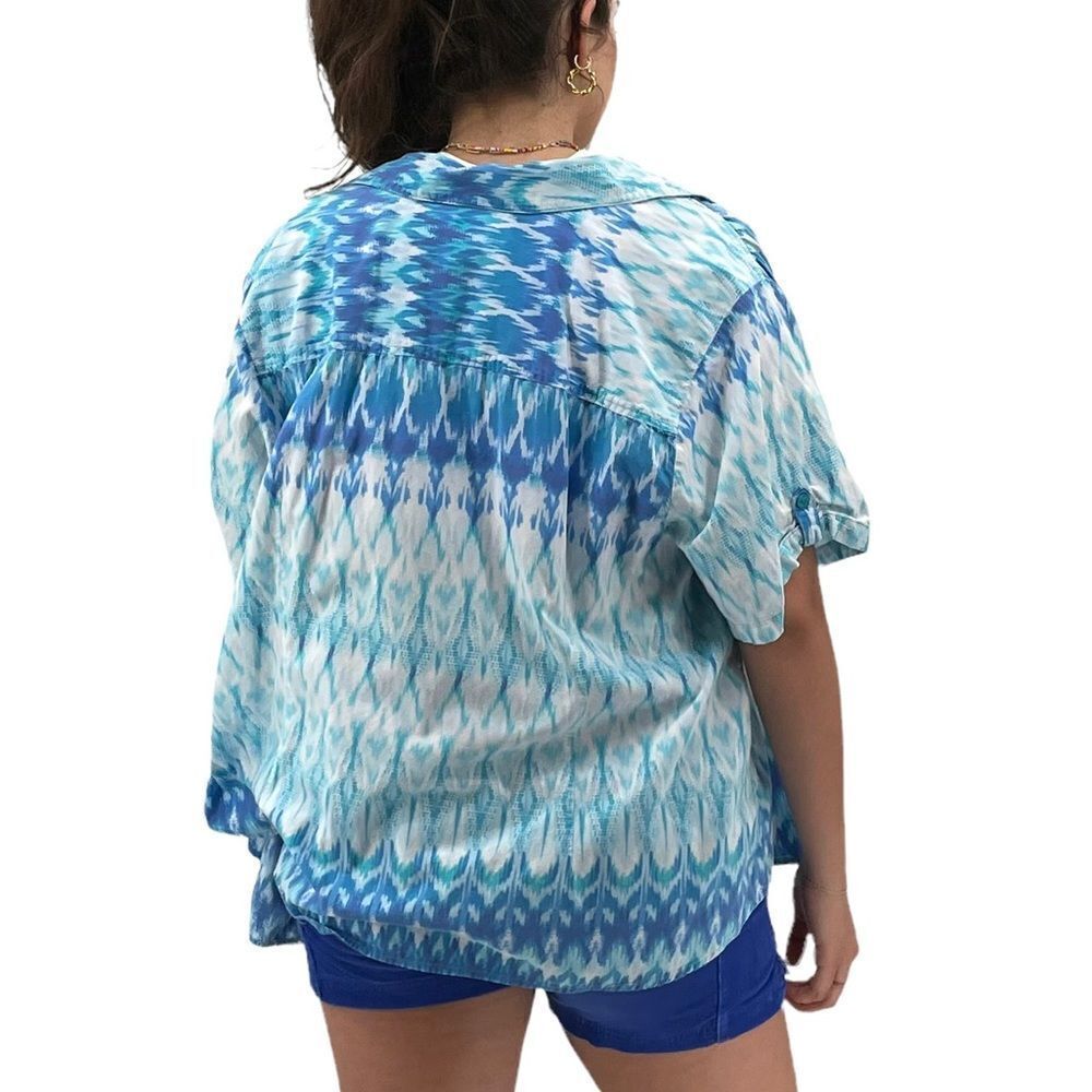 Oversized Camp Shirt Short Sleeve Button Up Blue White Ikat Print | Small/Medium - Picture 7 of 7